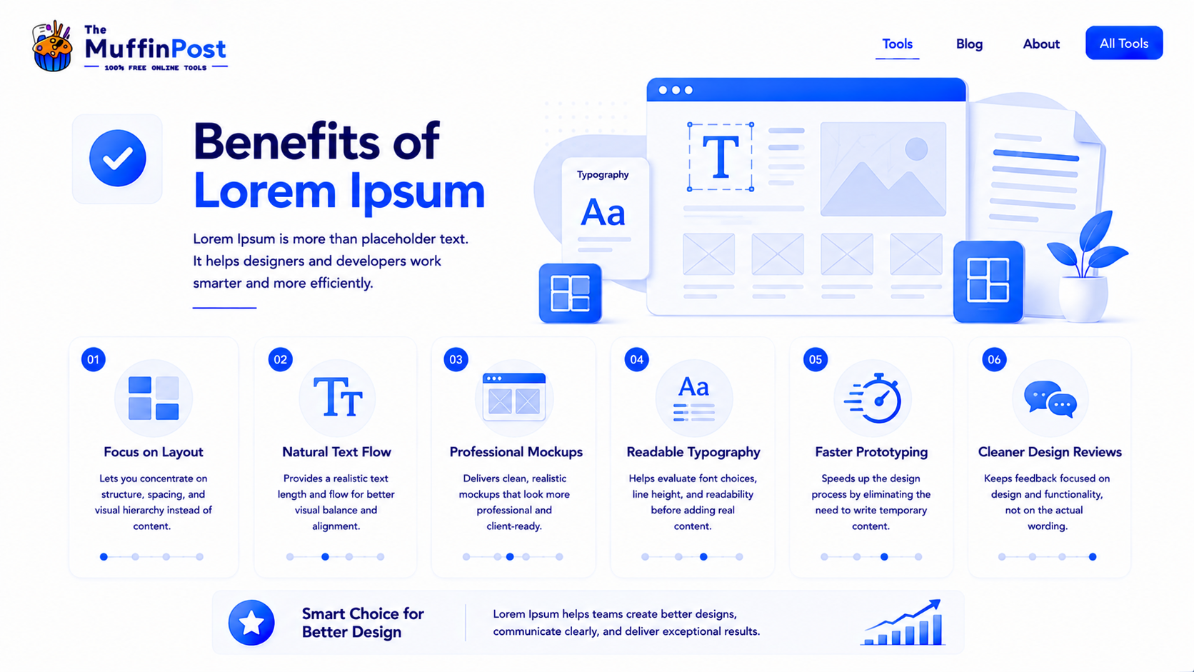 Checklist infographic showing benefits of Lorem Ipsum for layout text flow typography and design reviews