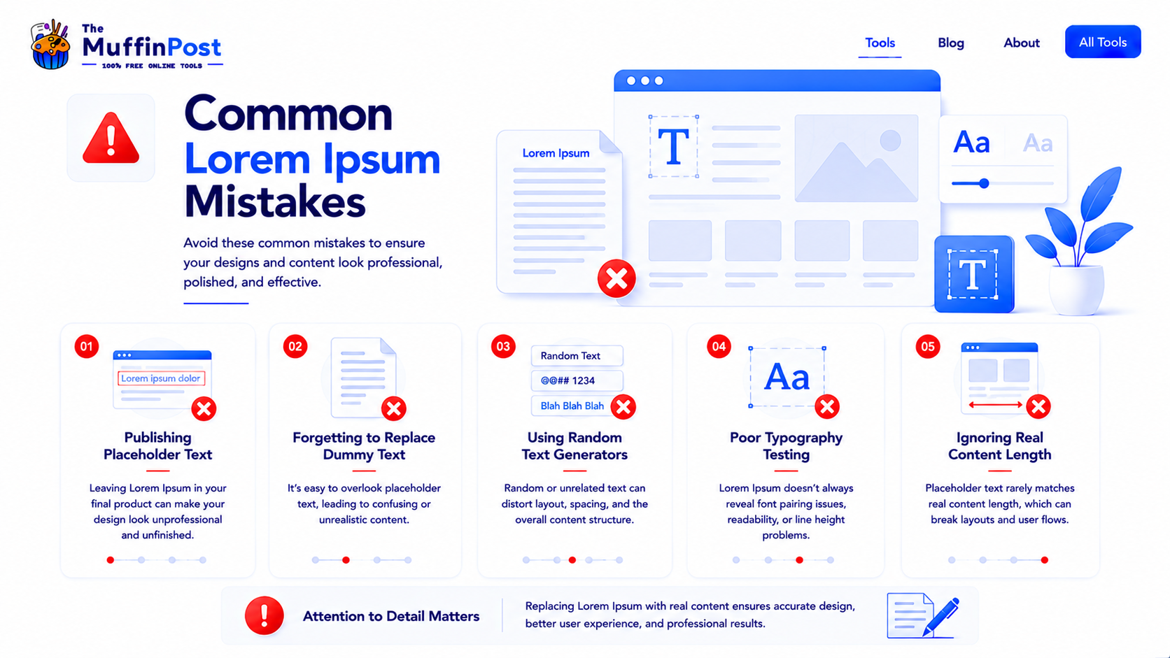 Warning infographic showing common Lorem Ipsum mistakes such as publishing placeholder text and ignoring real content length