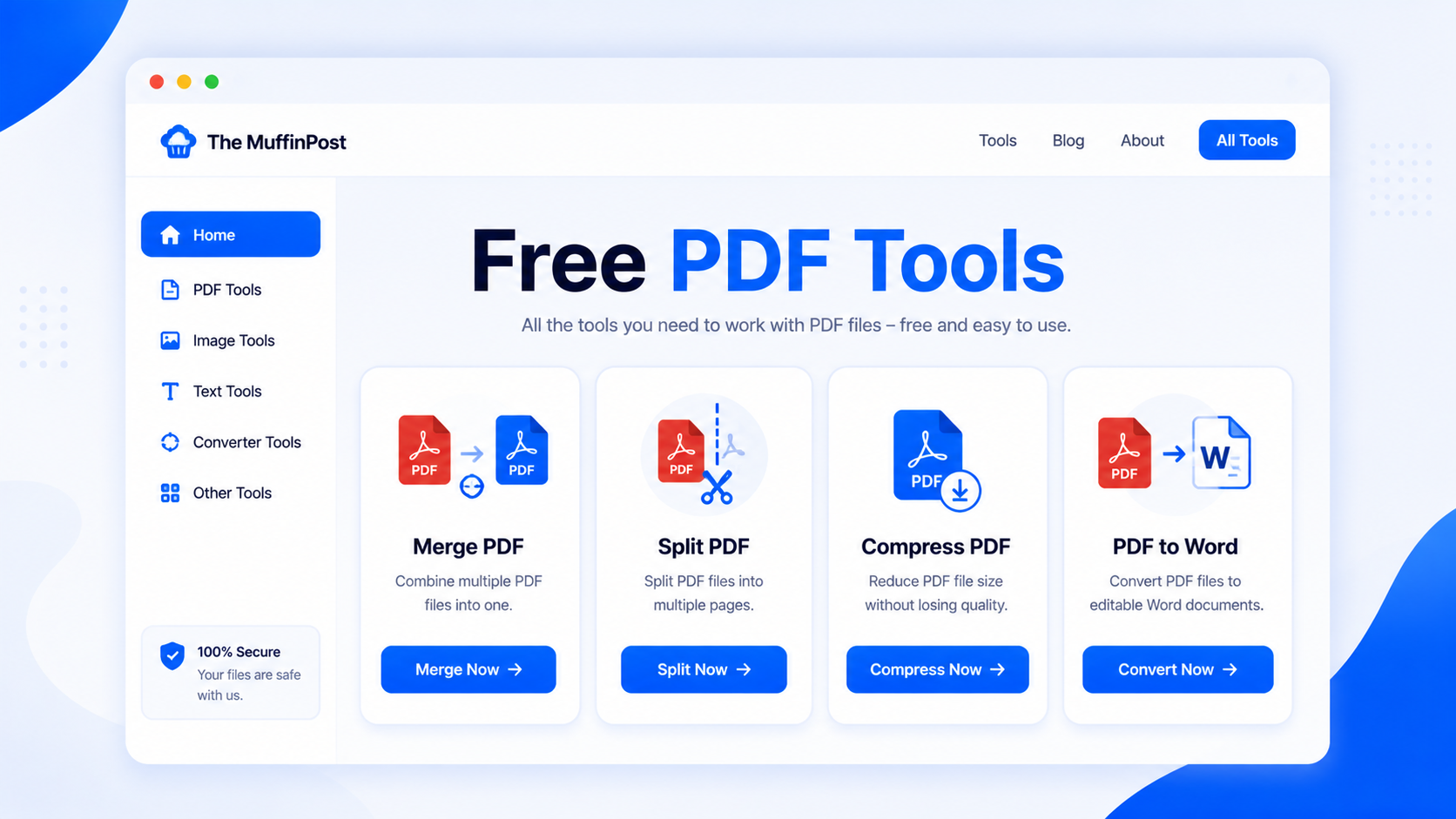 The MuffinPost free PDF tools dashboard