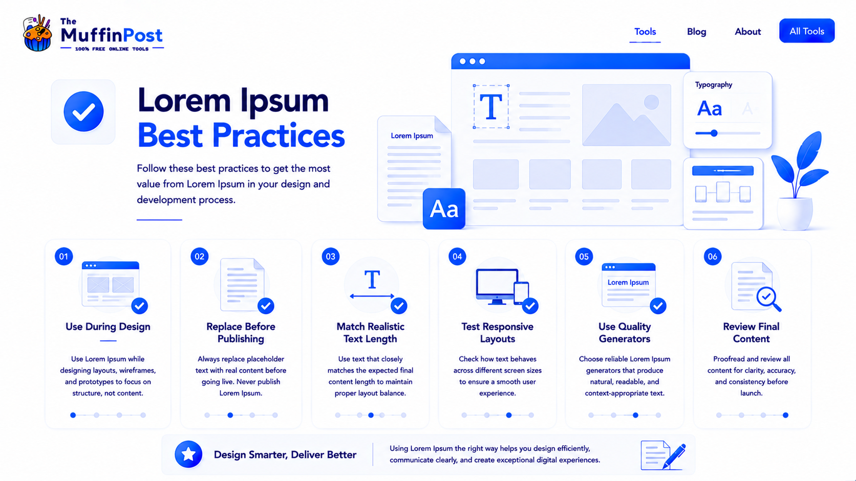 Checklist infographic showing Lorem Ipsum best practices for design testing responsive layouts and final review