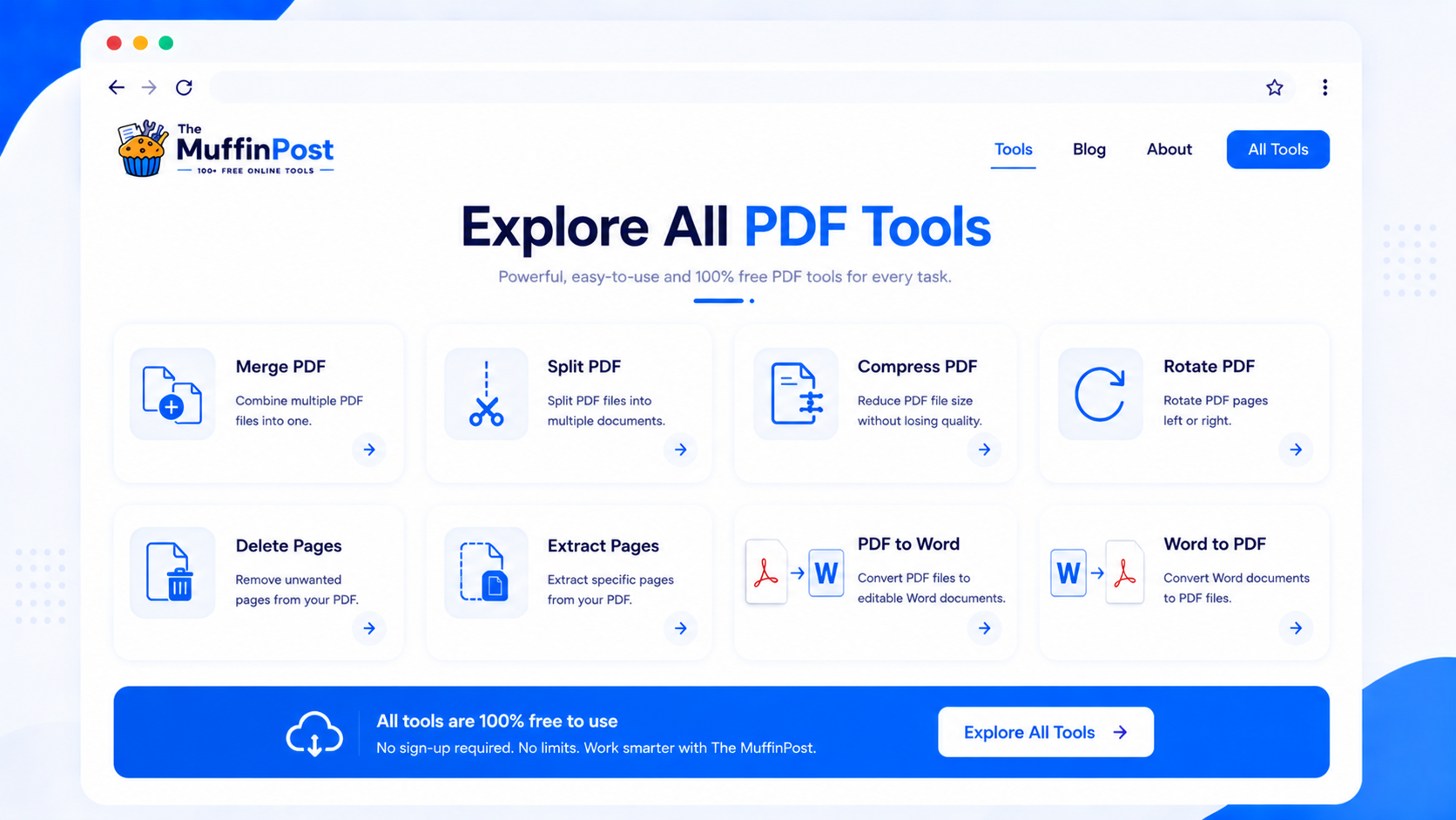 The MuffinPost dashboard with all free PDF tools
