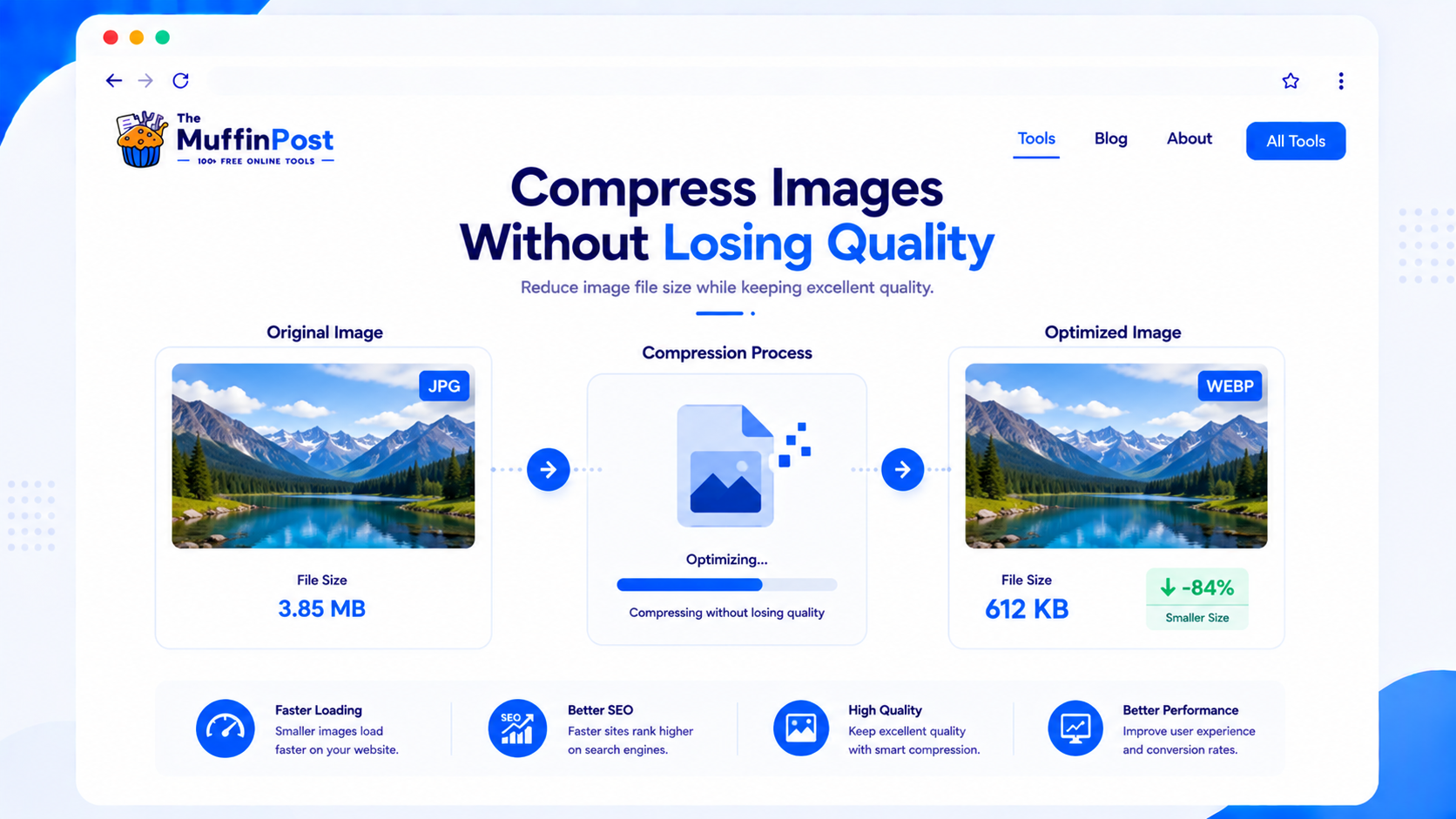 Compress images without losing quality using modern optimization techniques that reduce file size, improve website speed, and preserve image quality.