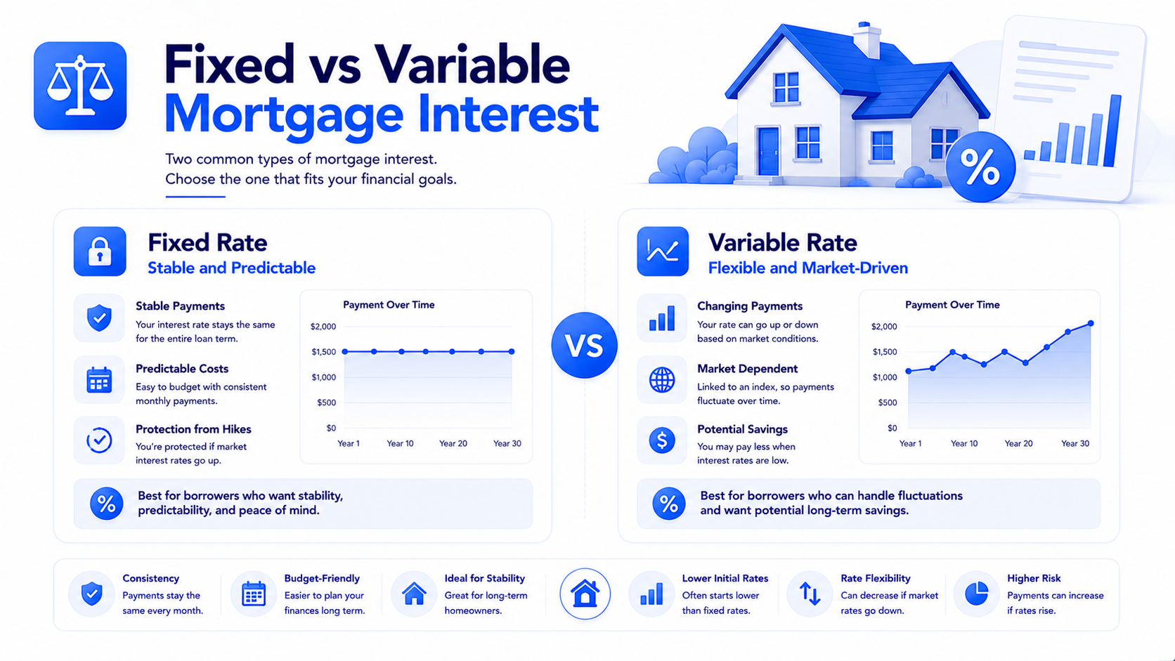 Comparison infographic showing fixed mortgage interest versus variable mortgage interest
