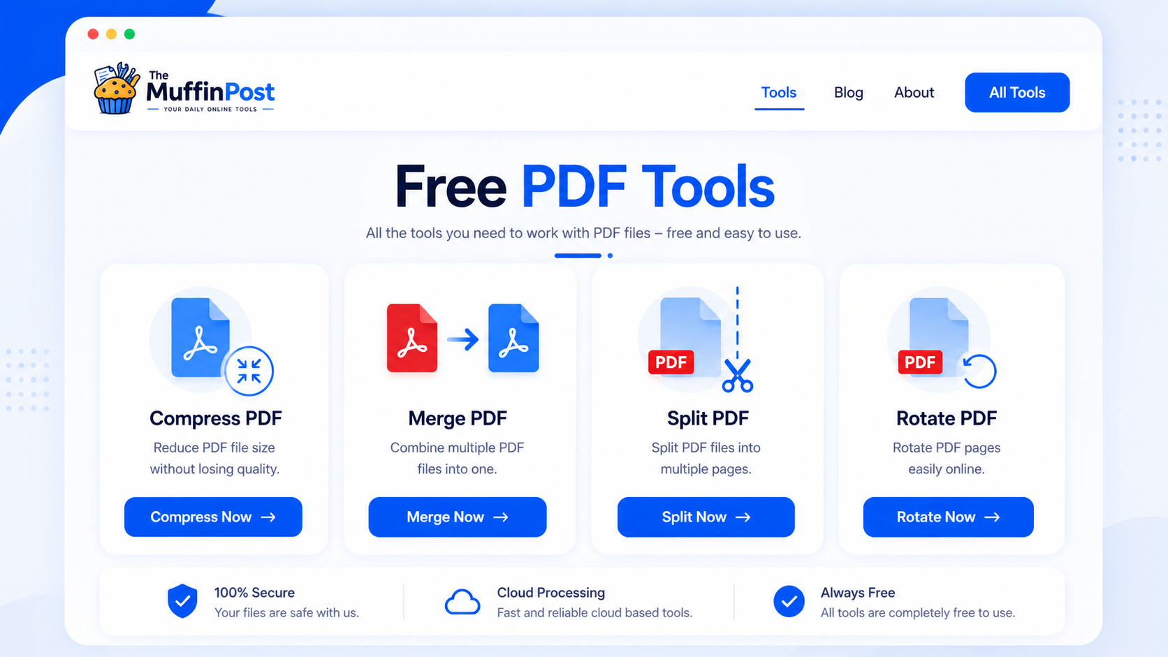 The MuffinPost free PDF compression tools dashboard