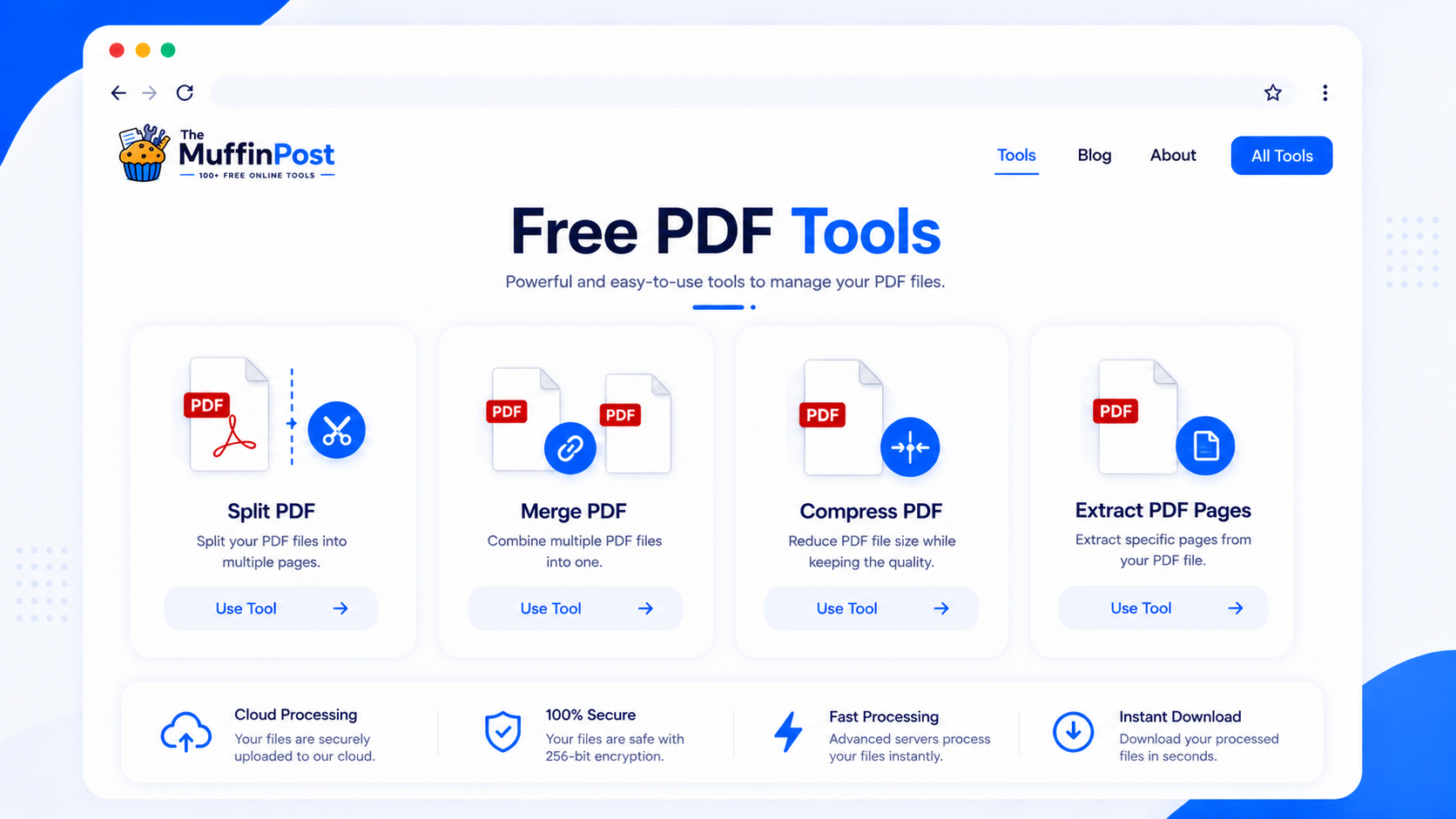 The MuffinPost free PDF splitting tools dashboard