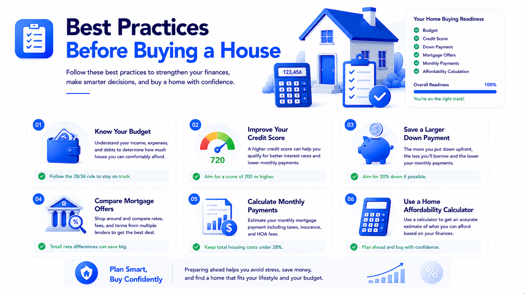 Checklist infographic showing best practices before buying a house including budget credit score down payment and mortgage offers