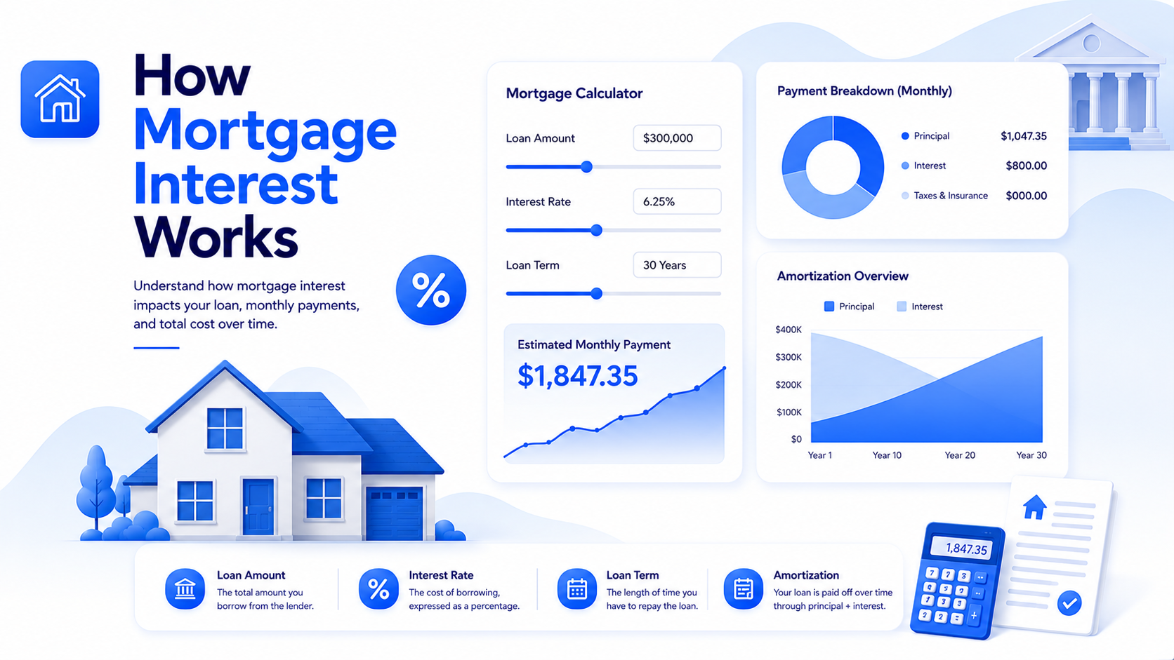 Modern mortgage dashboard explaining how mortgage interest works with house calculator and percentage icons