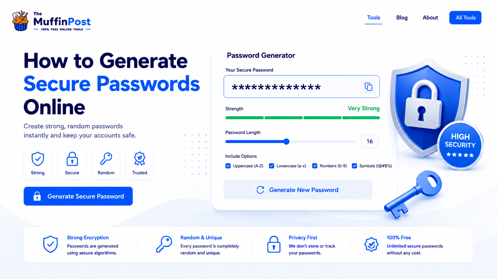 Modern cybersecurity dashboard showing a secure password generator with strong password meter