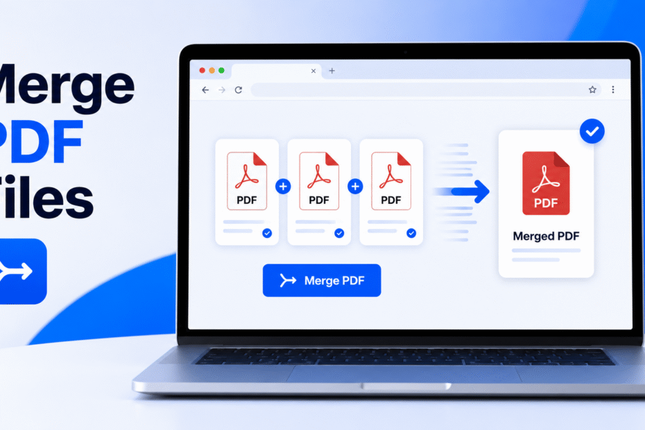Browser interface showing multiple PDF files being combined into one merged PDF document using an online tool.