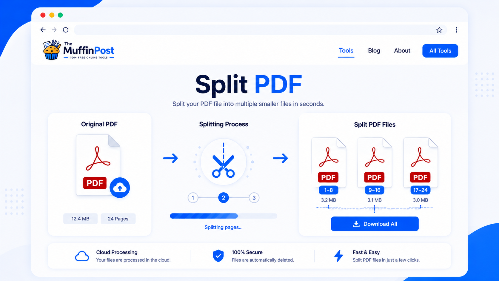 Modern browser interface showing one PDF document being split into separate PDF files