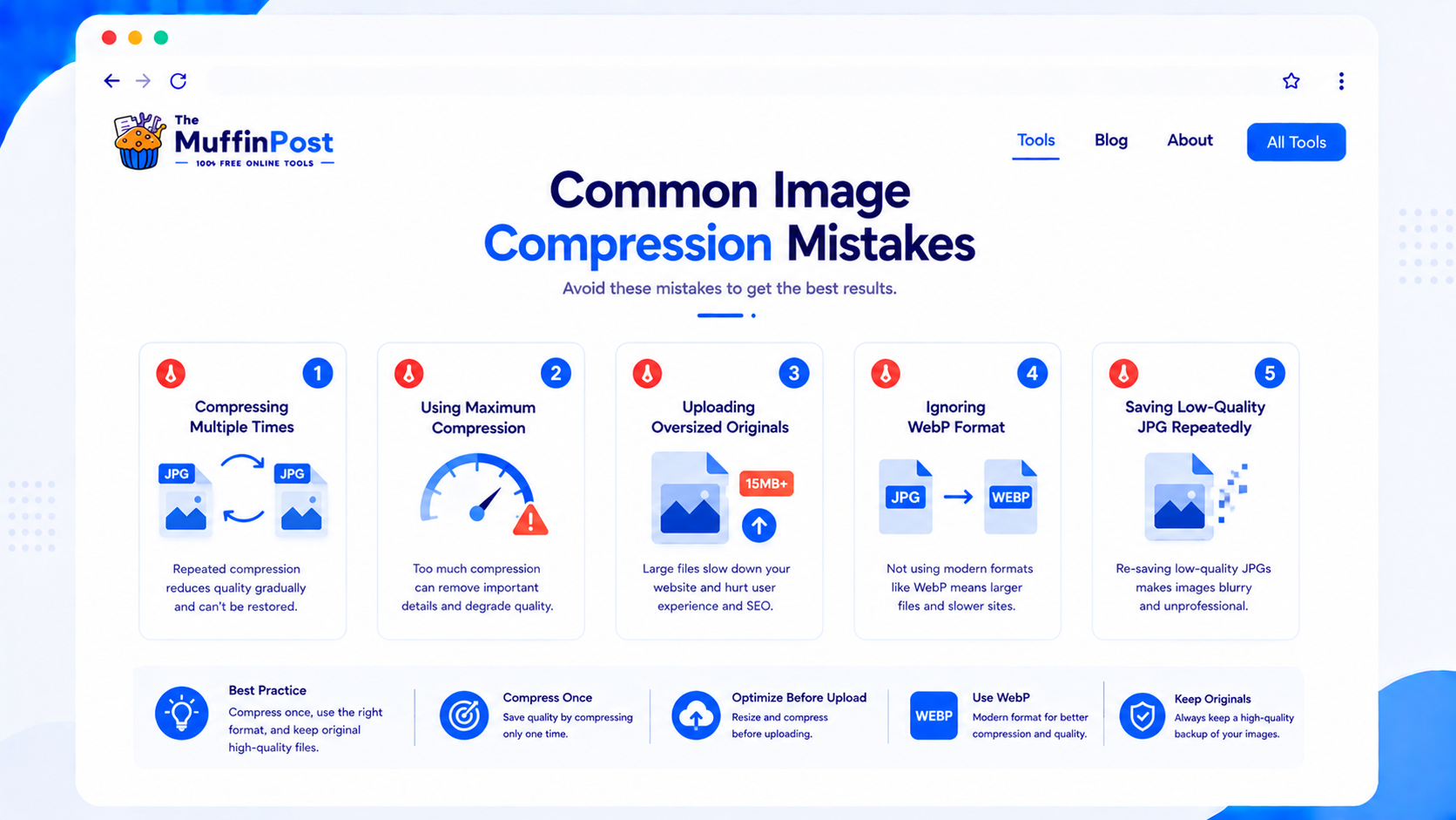 Infographic showing common image compression mistakes like over-compression and repeated saving