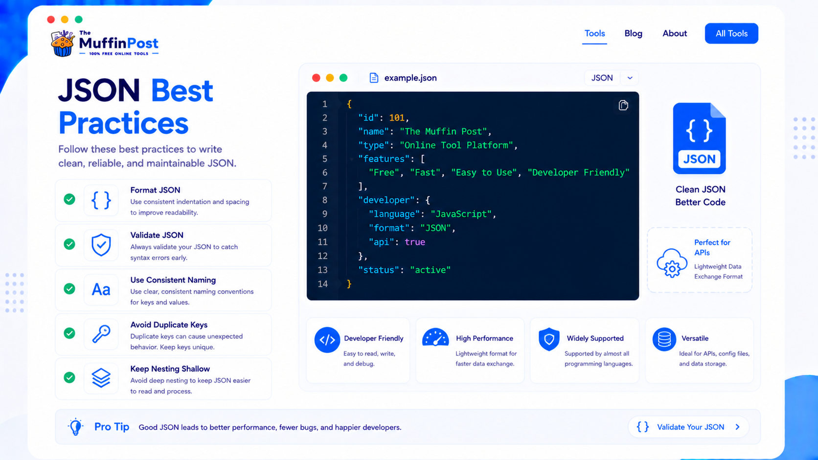 Checklist infographic showing JSON best practices for formatting validation naming and nesting