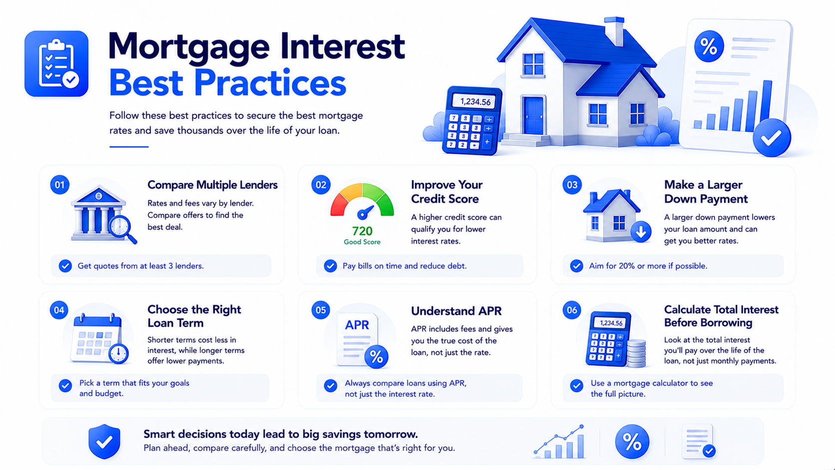 Checklist infographic showing mortgage interest best practices including comparing lenders and calculating total interest