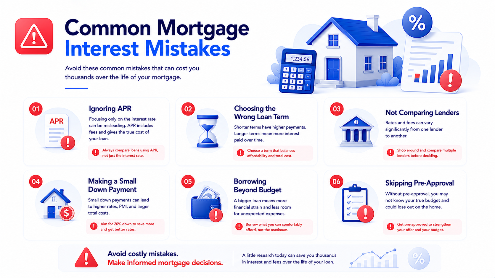 Warning infographic showing common mortgage interest mistakes including ignoring APR and not comparing lenders