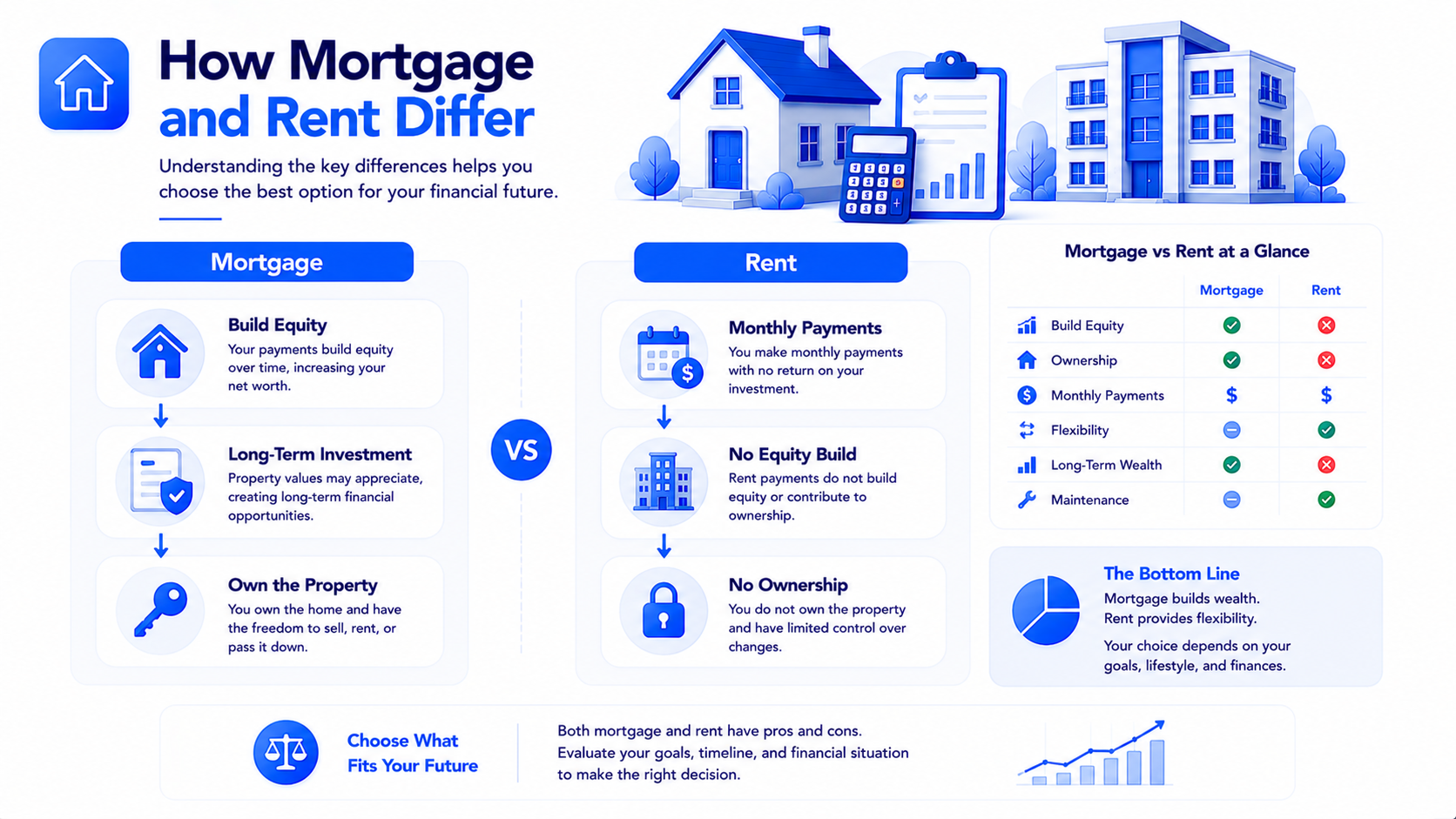Mortgage and rent comparison by equity flexibility maintenance and cost