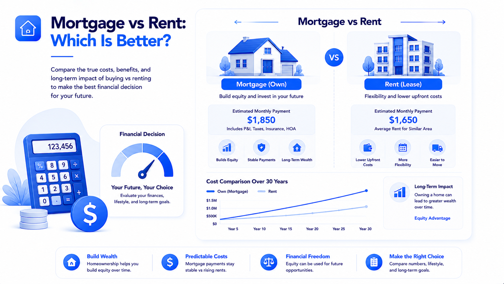 Mortgage versus rent comparison with house apartment calculator and cost charts