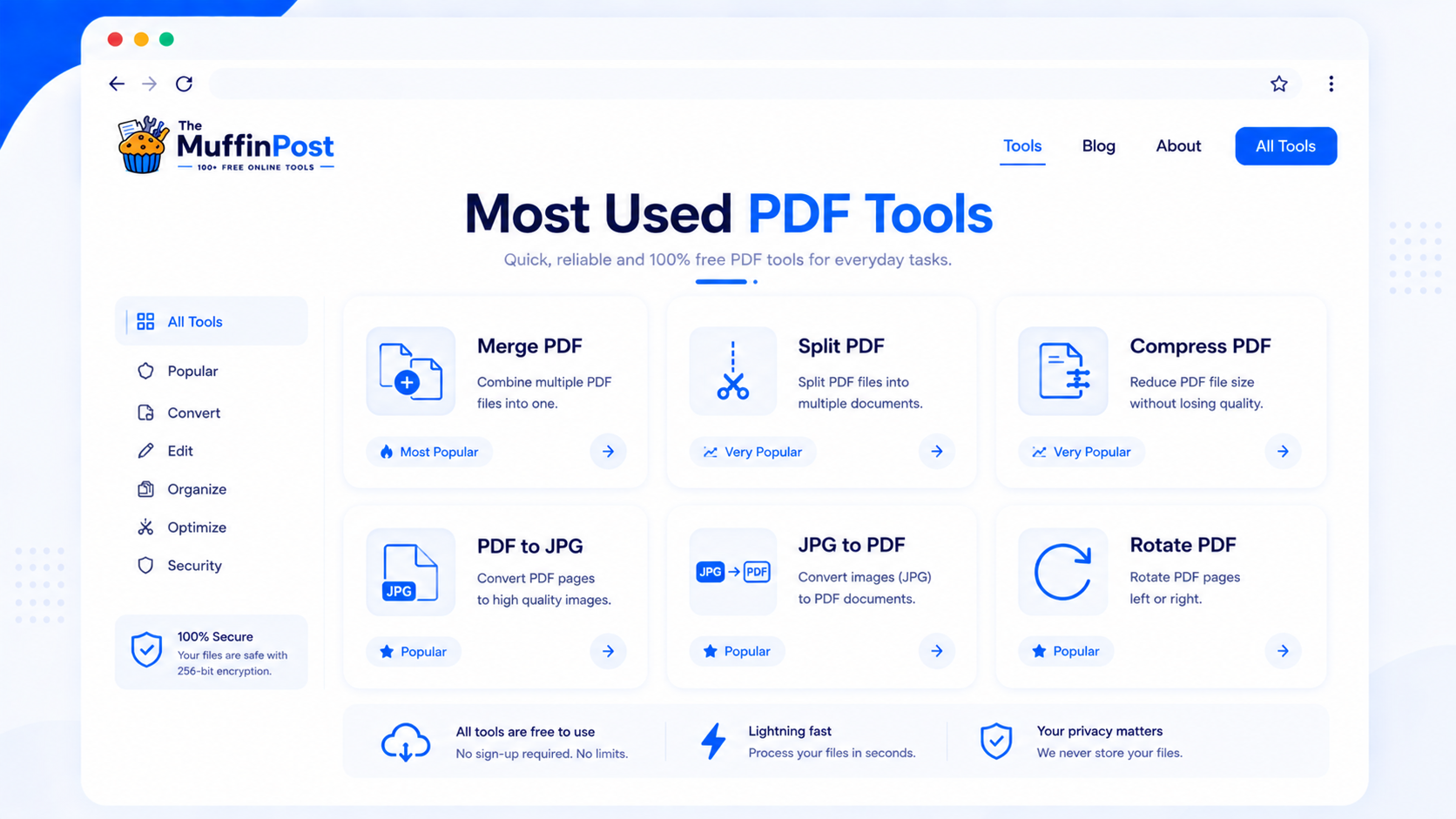Dashboard showing the most used PDF tools such as merge, split, compress, PDF to JPG and JPG to PDF