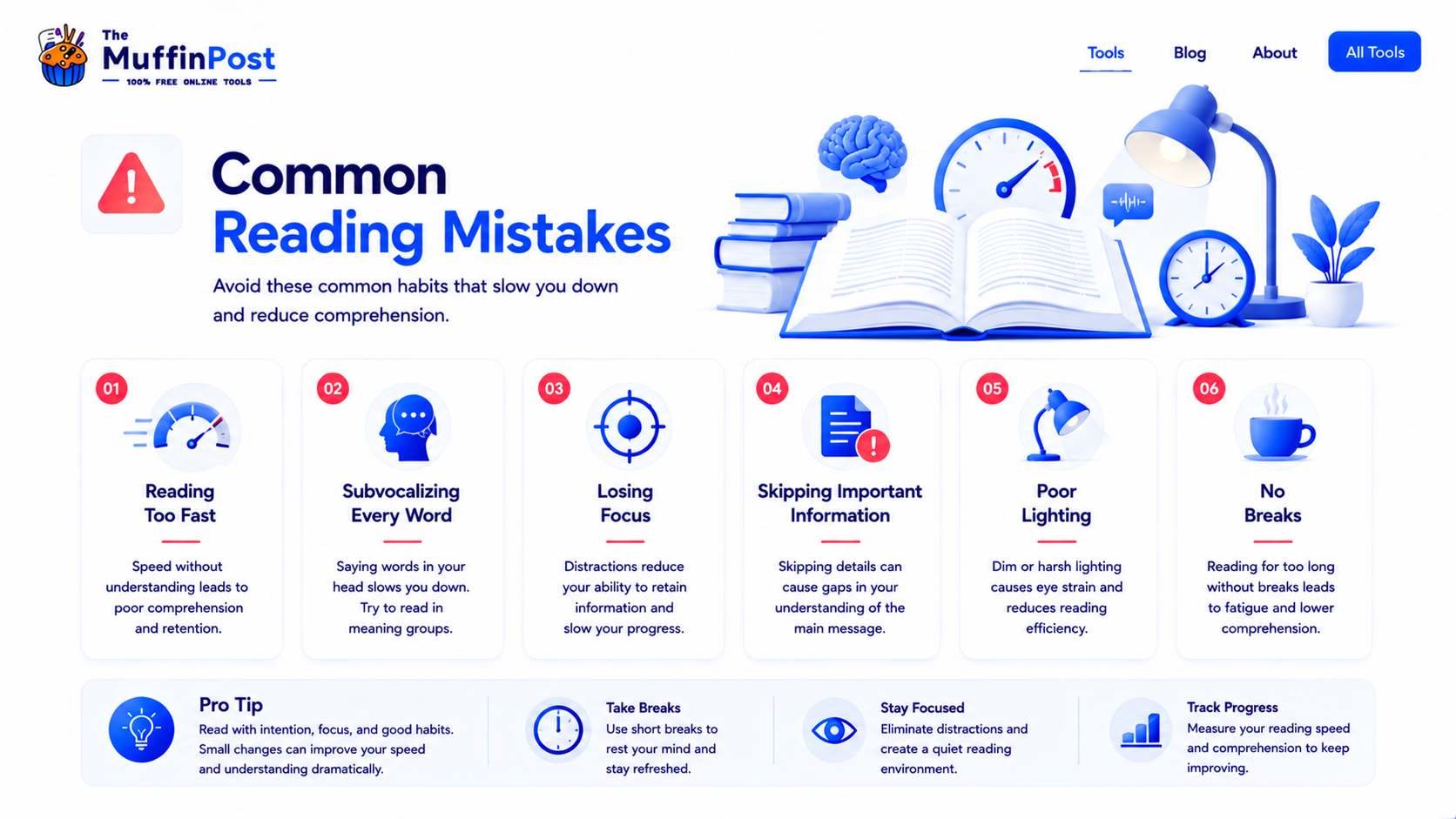 Warning infographic showing common reading mistakes such as reading too fast losing focus and skipping important information