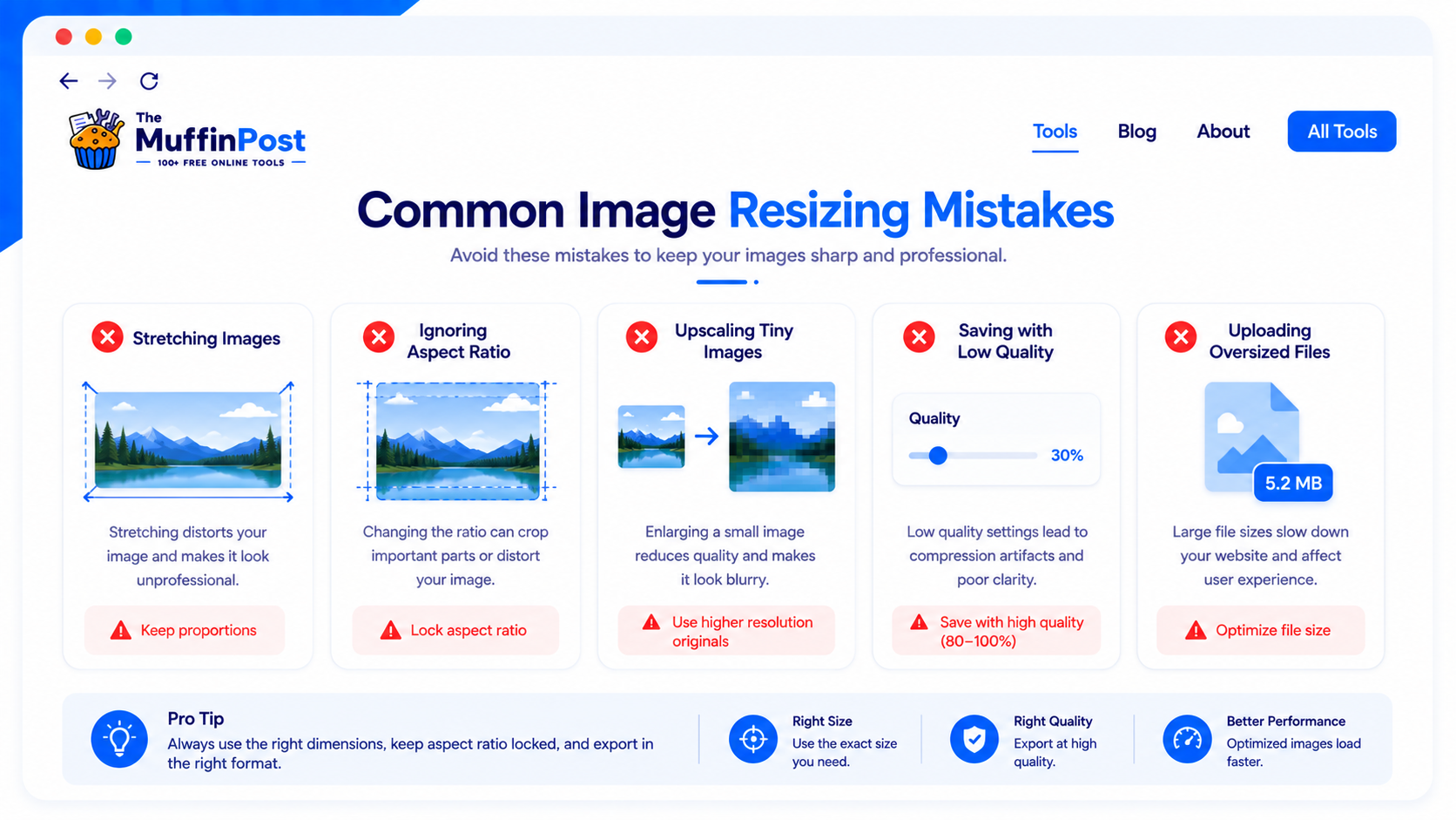 Infographic showing common image resizing mistakes like stretching and ignoring aspect ratio
