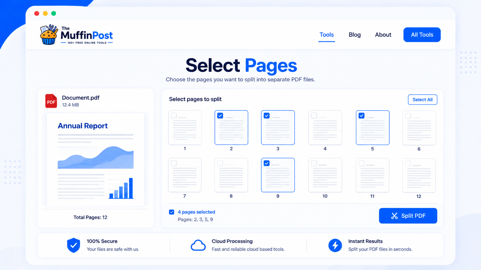 PDF preview showing selected pages before splitting a document