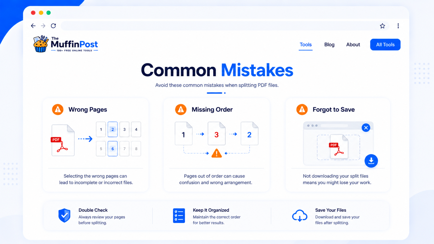 Warning style illustration showing common PDF splitting mistakes