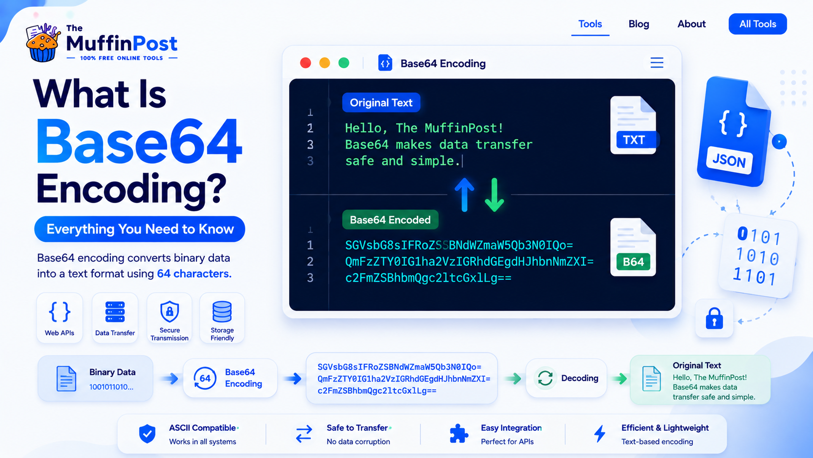 Modern developer dashboard explaining Base64 encoding with encoded and decoded text