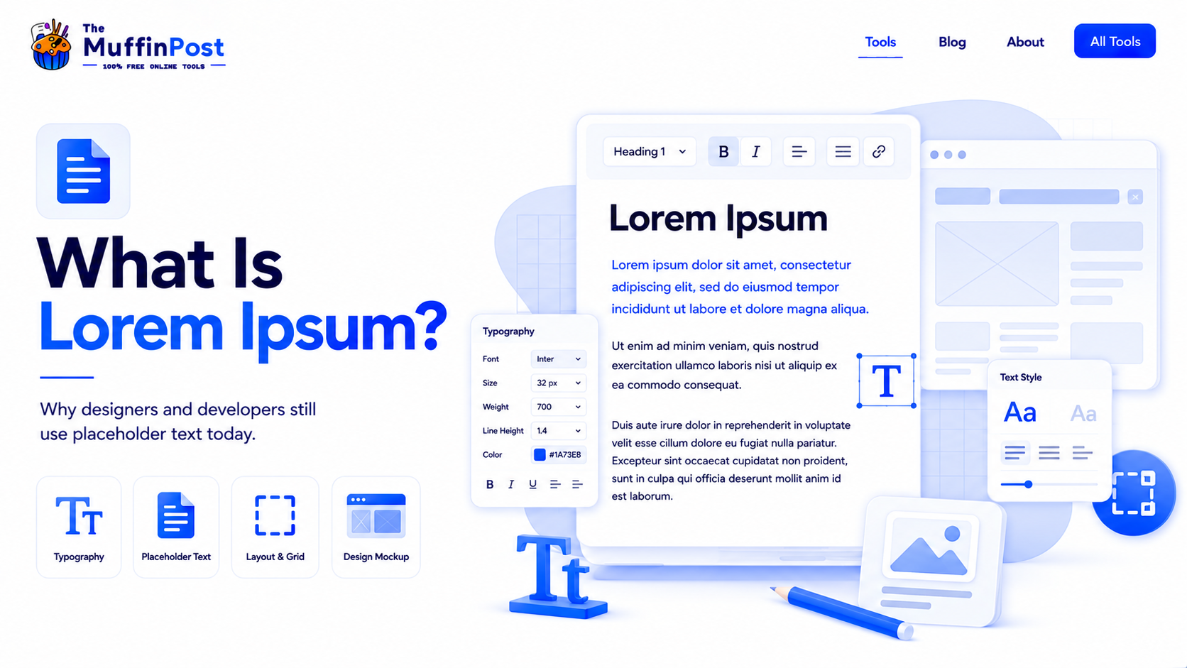Infographic explaining the purpose of Lorem Ipsum placeholder text in web design, typography, and UI design.